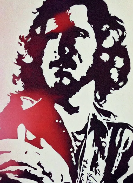 Image similar to Jim Morrison Poster, 1970's, Poster, screen print, Cream paper, black, red and cyan ink, pintrest.com