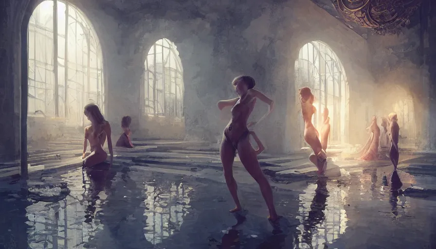 Image similar to bathhouse, women, light, shadows, reflections, epic composition, intricate, elegant, volumetric lighting, digital painting, highly detailed, artstation, sharp focus, illustration, concept art, wlop, artgerm, ruan jia, steve mccurry