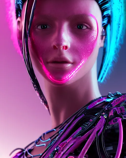 Prompt: portrait of a beautiful mexican woman with pink hair as a cyberpunk cyborg half robot, revealing wires and electronics, sci - fi, missing panels, intricate abstract upper body intricate artwork, concept art, octane render, deviantart, cinematic, key art, hyperrealism, iridescent accents, portrait photograph, nikon 3 5 mm, photograph by greg rutkowski