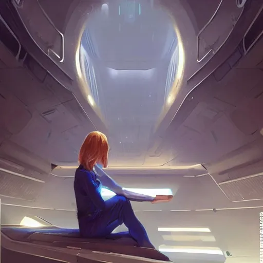 Image similar to concept art by greg rutkowski, a very tall, and slender blonde woman, wearing blue utilitarian jumpsuit, sitting in the spaceship command bridge, brutalist futuristic interior, dark lighting atmosphere, detailed portraits, nostalgic atmosphere, scifi, digital painting, artstation, concept art, smooth, sharp foccus ilustration, artstation hq