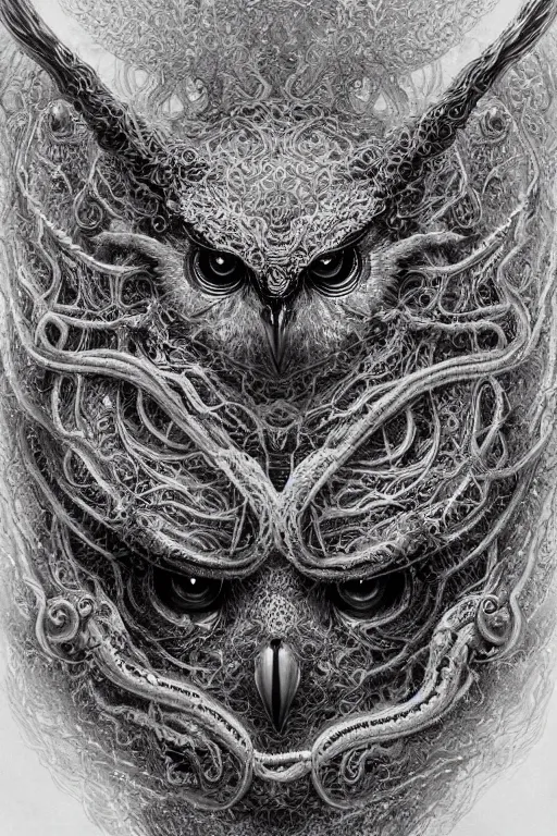 Prompt: realistic portrait of beautifully crystalized and detailed portrait of a eyeless owl, tentacles, tendrils, eldritch, matte painting of cinematic movie scene red dragon, horror, created by gustave dore and greg rutkowski, high detailed, smooth draw, synthwave neon retro, intricate, realistic proportions, dramatic lighting, trending on artstation.