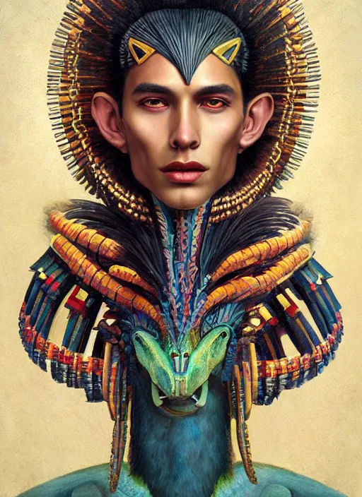 Prompt: portrait of aztec masculine god quetzalcoatl, by bogdan rezunenko and denys tsiperko and tom bagshaw, magic realism