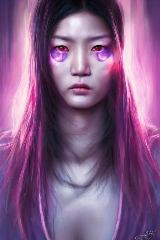 Prompt: stunning highly detailed portrait of a beautiful asian female cyberpunk, scared expression, soft lighting, pastel neon colors, oil on canvas, strong lighting, by glenn fabry, by greg staples, by mandy jurgens, hd, 4 k