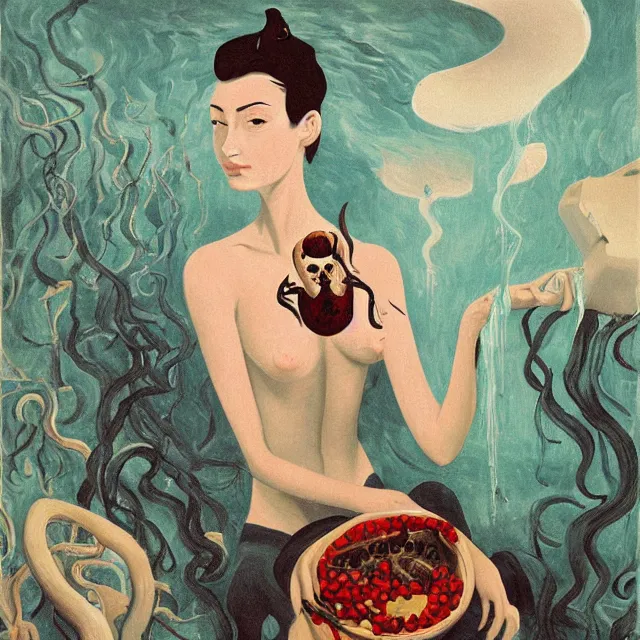 Image similar to tall female catgirl artist holding a skull in her flooded apartment, pomegranates, octopus, water gushing from ceiling, painting of flood waters inside an artist's apartment, a river flooding indoors, candles, ikebana, zen, rapids, waterfall, black swans, canoe, berries, acrylic on canvas, surrealist, by magritte and monet