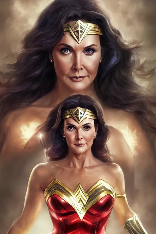 Image similar to Portrait of Lynda Carter as Wonder woman, DC, justice league, cinematic lighting, intricate, elegant, highly detailed, digital painting, artstation, painted by Artgerm and Mark Waid and Greg Rutkowski and Mandy Jurgens and Snyder