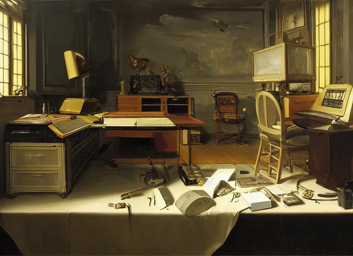 Image similar to still life painting of a retro electronics supercomputer built - in desk workstation battlestation by pieter claesz, oil on canvas, strong lighting, highly detailed, hyper realism, golden hour, god rays, hd, 4 k