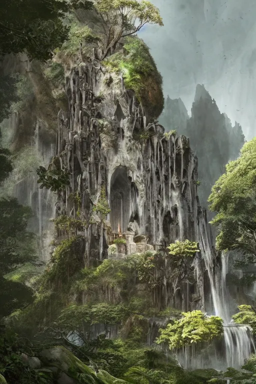 Image similar to carved into the Rock a citadel-temple-cathedral above a waterfall , gnarly trees, lush vegetation, forrest, a small stream runs beneath the waterfall, landscape, raphael lacoste, eddie mendoza, alex ross, concept art, matte painting, highly detailed, rule of thirds, dynamic lighting, cinematic, detailed, denoised, centerd