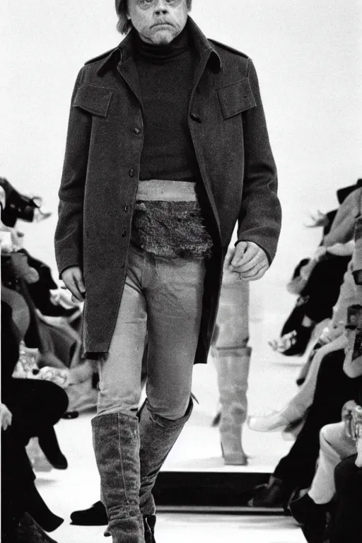 Image similar to a young mark hamill models for chanel, on the runway, fashion photoshoot, full body, chanel boots