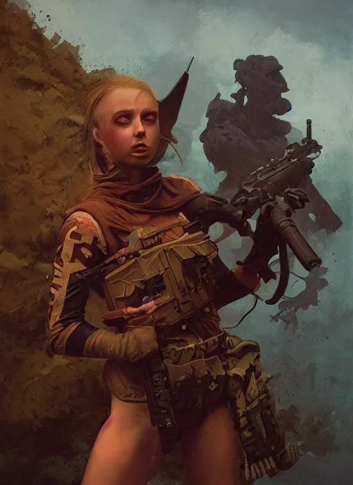 Prompt: hyper realistic painting of fantasy soldier girl, full body, rule of thirds, conceptart, saturated colors, cinematic, greg rutkowski, brom, james gurney, mignola, craig mullins, alan lee