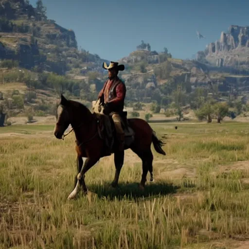 Prompt: a scene of arthur morgan riding a horse from wes anderson's film of red dead redemption 2, high quality cinematic photography