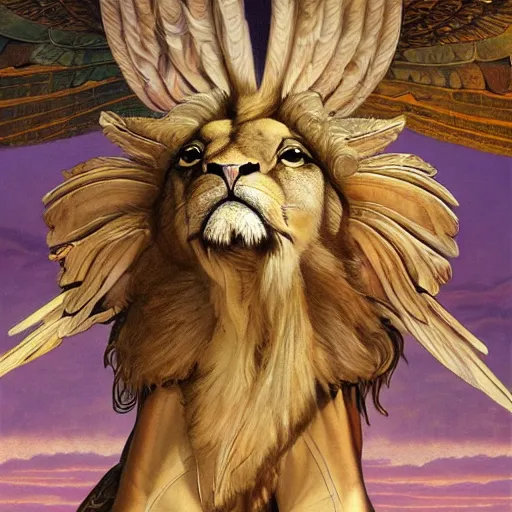 Image similar to a realistic oil painting of a winged lion's body with the head of an eagle and a beak, spreading its wings in an ancient egyptian temple, at purple sunset, highly detailed, trending on artstation, by james gurney and michael whelan and krenz cushart and alphonse mucha