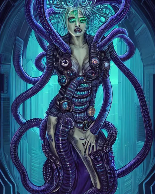 Image similar to Perfectly-centered Hyperdetailed realistic symmetrical cinematic RPG portrait-illustration of a beautiful aetherpunk cyberpunk Medusa with big glowing eyes in a long dark otherworldly dress and huge ravepunk snakes for hair. She's next to lovecraftian towers in a surreal landscape, style of an epic sci-fi comic-book cover, 3D rim light, hyper realism, dark retrowave, artstation, octane render, cgsociety