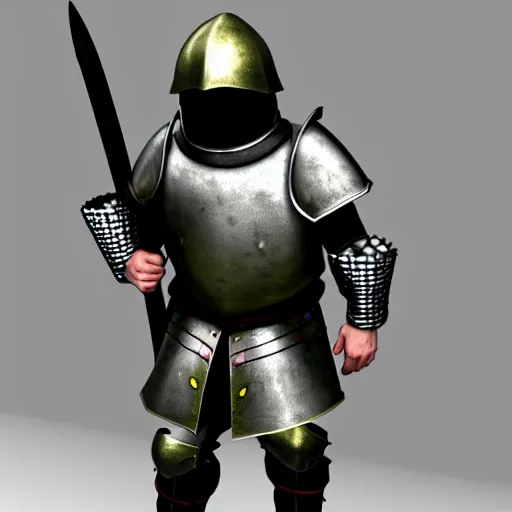 Image similar to medieval village idiot wearing full armor and war gear, no helmets