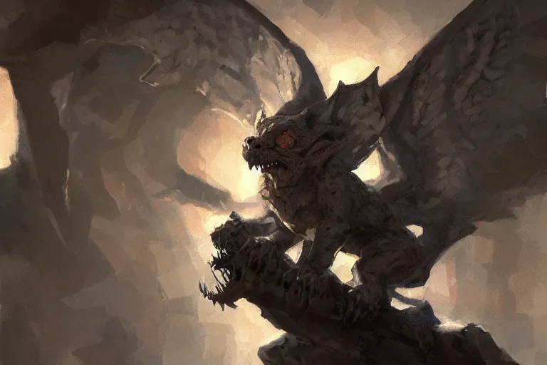 Image similar to A cute, comfy painting of a scary, snarling gargoyle by Craig Mullins, dramatic lighting, extremely high detail, trending on artstation