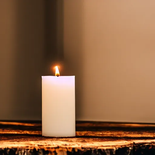 Prompt: a white candle on a wooden table. dramatic lighting