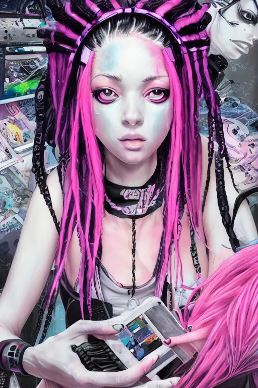 Image similar to portrait of an cybergoth girl with pink and black dreads laying on the floor of her room on ipad, manga, manga art, manga character concept art, artgerm, tom bagshaw, gerald brom, vaporwave colors, lo fi colors, vaporwave, lo fi, 4 k, hd, smooth,