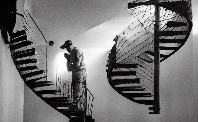 Image similar to frank ocean building a spiral staircase in the centre of the room, greyscale,