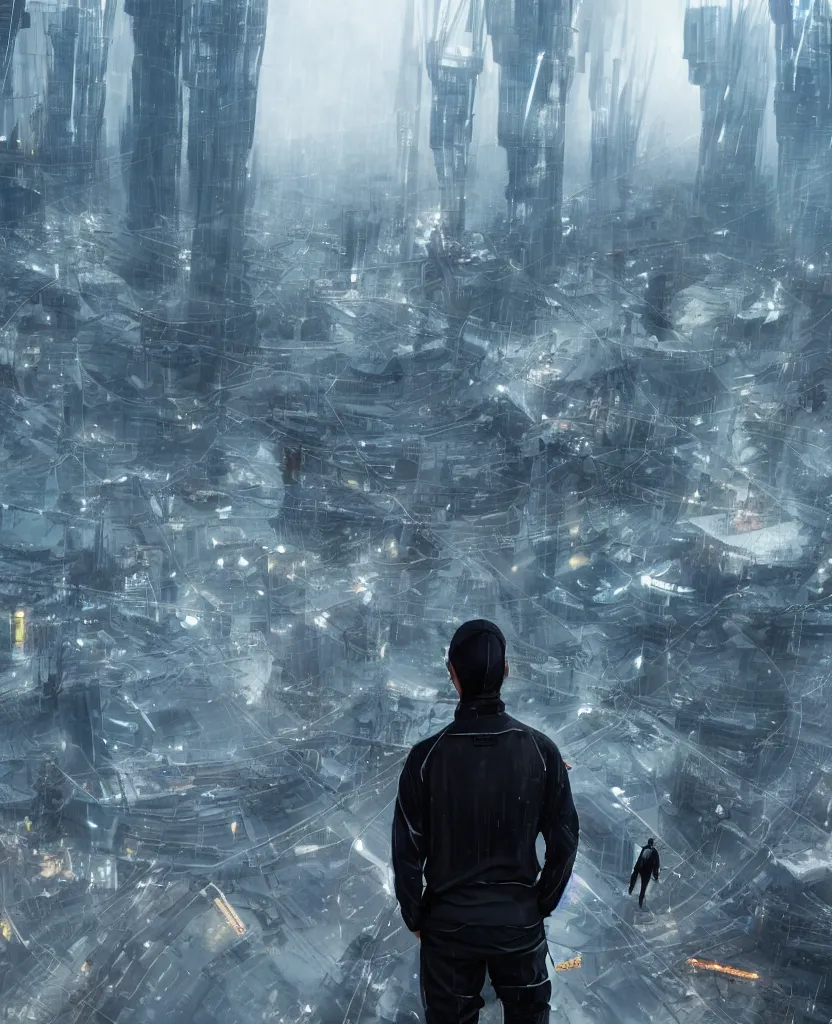 Image similar to mystic guy in techwear standing on roof of futuristic city, cyberpung, cinematic, rain