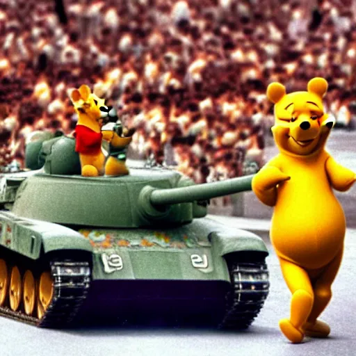 Image similar to Winnie the Pooh riding a tank in Tiananmen square, June 5, 1989, hyperrealistic, photorealistic, ultra hd, 4k, award-winning, cinematic lighting, historic, ominous