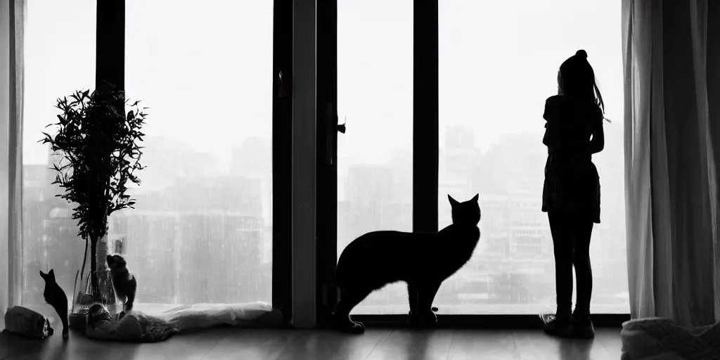 Image similar to silhouette of a girl and her cat, looking out a window on a rainy day, inside a cozy apartment, with a city view.