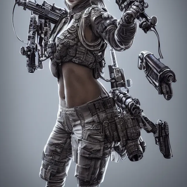 Image similar to the photorealistic portrait of lawful neutral female futuristic marine sniper as absurdly beautiful, gorgeous, elegant, young gravure idol, an ultrafine hyperdetailed illustration by kim jung gi, irakli nadar, intricate linework, bright colors, octopath traveler, final fantasy, unreal engine 5 highly rendered, global illumination, radiant light, detailed and intricate environment