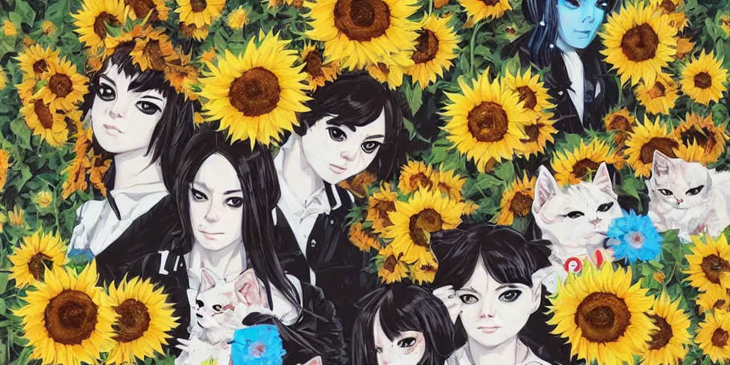 Prompt: a group of kitten by Sandra Chevrier and Sachin Teng, lots of sunflowers, anime style makoto shinkai