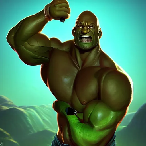 Image similar to upper body illustration of a dwayne johnson as an orc, green skin, strong chest, mattepainting concept blizzard pixar maya engine on stylized background splash comics global illumination lighting artstation, sharp focus, lois van baarle, ilya kuvshinov, rossdraws