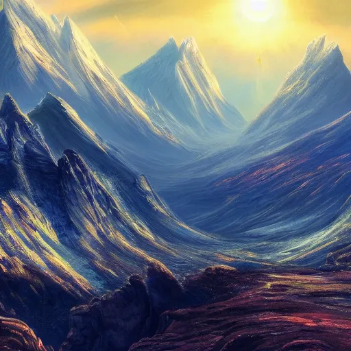Image similar to The ethereal landscape with mountains in the background, Sci-Fi fantasy desktop wallpaper, painted, 4k, high detail, sharp focus
