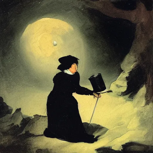 Image similar to An old wrinkled witch dressed in black making potions in her cauldron under the moon light. Oil painting by Francisco de Goya.