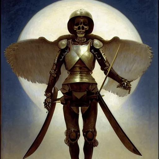 Image similar to portrait of a skeleton archer with big sword, wearing helmets and armor with wings, symmetrical, solemn, sacred, aura, by bouguereau