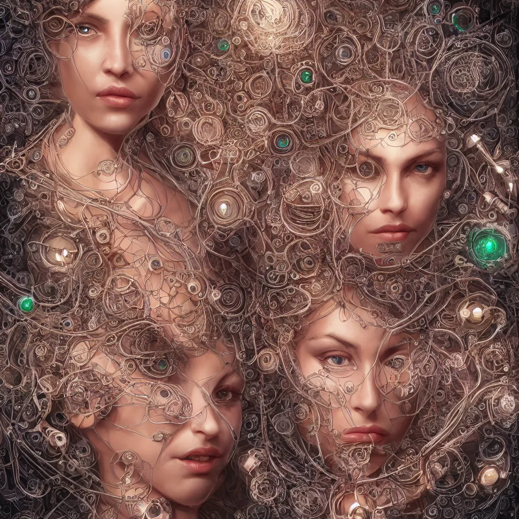 Prompt: one very beautiful woman integrating with technology, full face frontal centered, portrait, insipiring, detailed intricate ornate cables connected to head, big open electric eyes, luxurious detailed abundent wiring and implants, diamonds, sci-fi, neon, emeralds, detailed technology full background, highly detailed, artstation, Rene Lalique and Eddie Mendoza