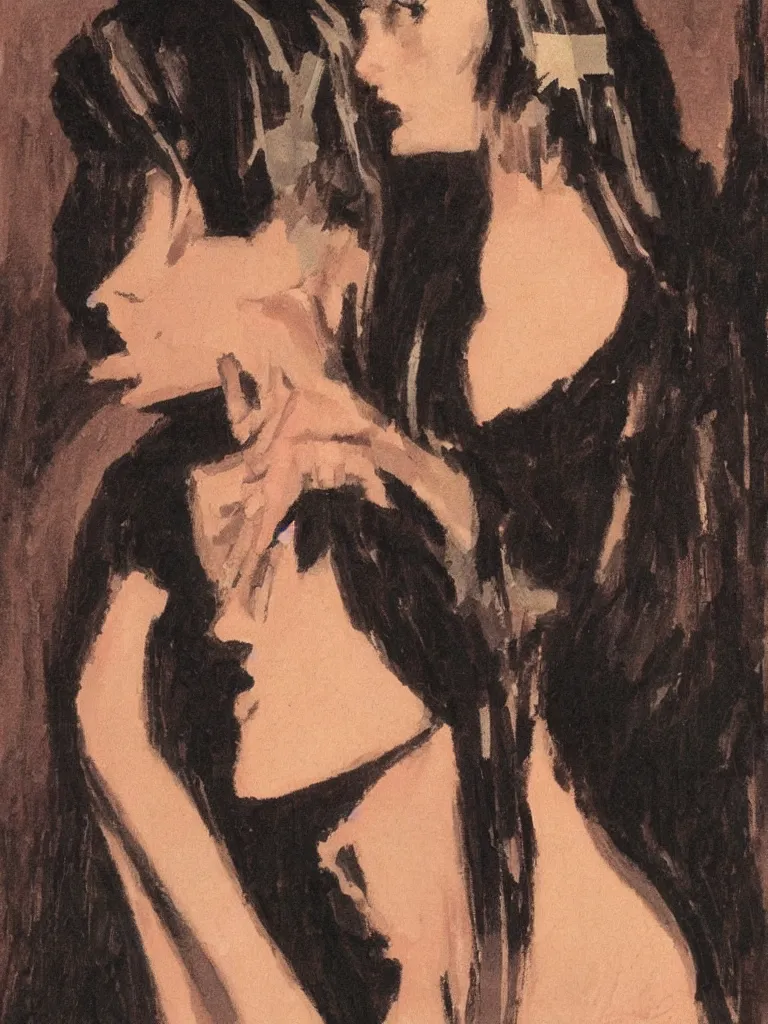 Image similar to portrait profile of one mysterious dark beautiful women in 1 9 7 8, oil painting by john watkiss