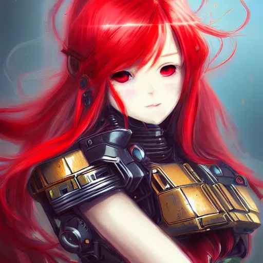 Image similar to cute red armored cyborg - anime girl by ross draws, long gold hair, yellow eyes, extreme high intricate details by wlop, digital anime art, black shadows, stylized shading