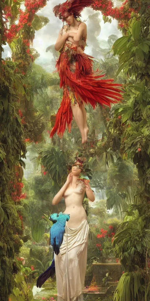 Prompt: anthropomorphic macaw woman wearing a flowing samba inpsired white and mint colored paper dress, background amazon jungle made of paper, paper Bougainvillea, ethereal, fantasy, Lawrence Alma-Tadema, James Jean, oozium, peter morbacher, angelarium, alchemy, luxury, heavenly light, Soft illumination, Trending on artstation, Cinematic Lighting, very detailed, 3D, octane render, artgerm