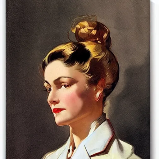 Image similar to portrait of a woman with a plaid blazer and a high ponytail, by j. c. leyendecker