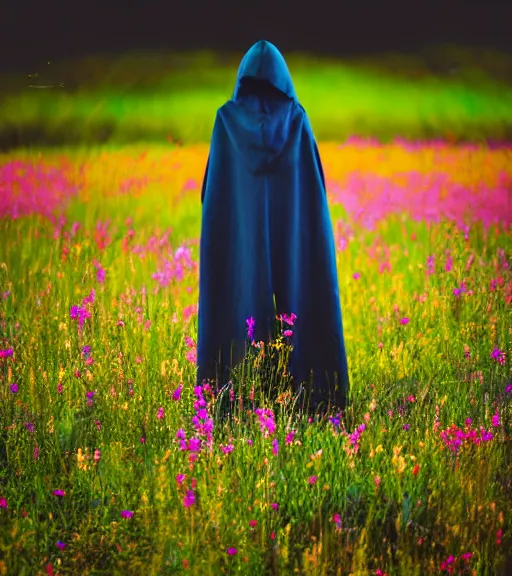 Image similar to tall hooded shadow person figure standing in beautiful meadow of flowers, technicolor photo, grainy, high detail, high resolution