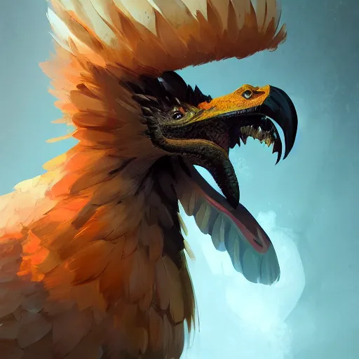 Image similar to digital painting of an elegant but deadly chicogriff, griffin chicogriff hybrid monster, by Greg Rutkowski, magic the gathering concept art, trending on artstation, 4k resolution, ((ibiza rave dance party clubbers))