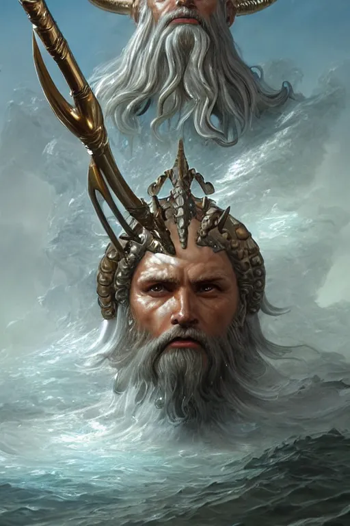 Image similar to poseidon humanoid god of the sea, trident, highly detailed, d & d, fantasy, highly detailed, digital painting, trending on artstation, concept art, sharp focus, illustration, art by artgerm and greg rutkowski and magali villeneuve