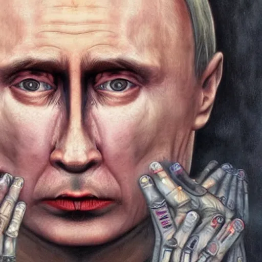 Prompt: Bodyhorror portrait by H.R.Giger of Vladimir Putin who became a degenerate horror Abomination, photo-realistic, color image, 2K, highly detailed