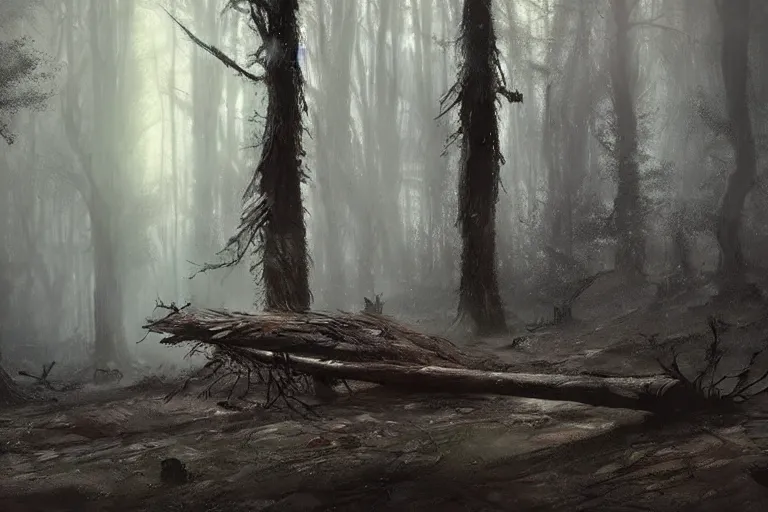 Prompt: fallen tree in a forest, winter, sci-fi, cinematic lighting, greg rutkowski