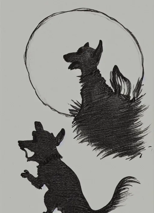 Prompt: jack russel dog silhouette howling at the moon, illustrated by peggy fortnum and beatrix potter and sir john tenniel