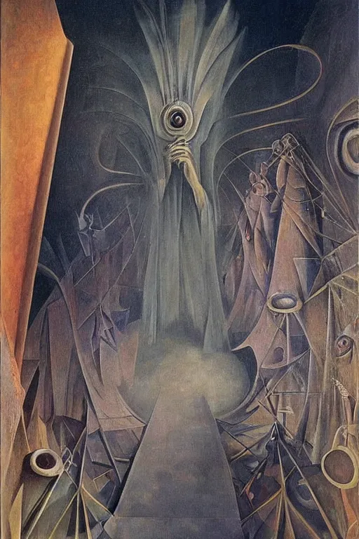 Prompt: surrealist painting by remedios varo full of subtle hints, mystic characters and misleading perspectives, ultrastation hq, 8 l, hyperrealistic, very highly detailed