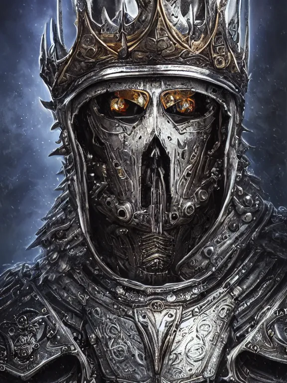 Prompt: portrait art of 8k ultra realistic lich king,intricate crown, detailed intricate ornate armour,decaying, cybernetic, full of colour, cinematic lighting, battered, trending on artstation, 4k, hyperrealistic, focused, extreme details,unreal engine 5, cinematic, masterpiece, art by ayami kojima, giger
