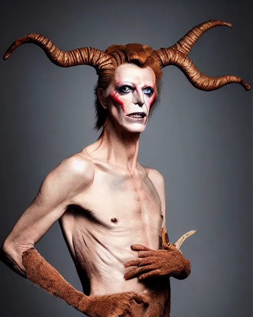 Prompt: actor David Bowie in Elaborate Pan Satyr Goat Man Makeup and prosthetics designed by Rick Baker, Hyperreal, Head Shots Photographed in the Style of Annie Leibovitz, Studio Lighting