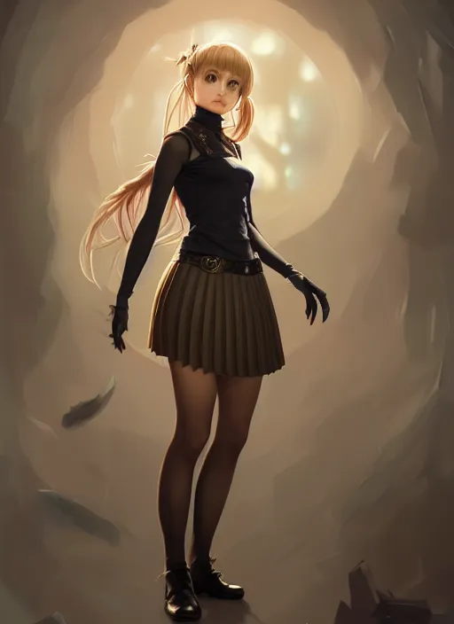 Image similar to portrait of a full body of beautiful young female detective, d & d, sleeveless turtleneck, pleated skirt, fantasy, flat lighting, intricate, highly detailed, digital painting, artstation, concept art, smooth, sharp focus, illustration, misa amane, art by simon bisley and greg rutkowski and alphonse mucha, natural tpose