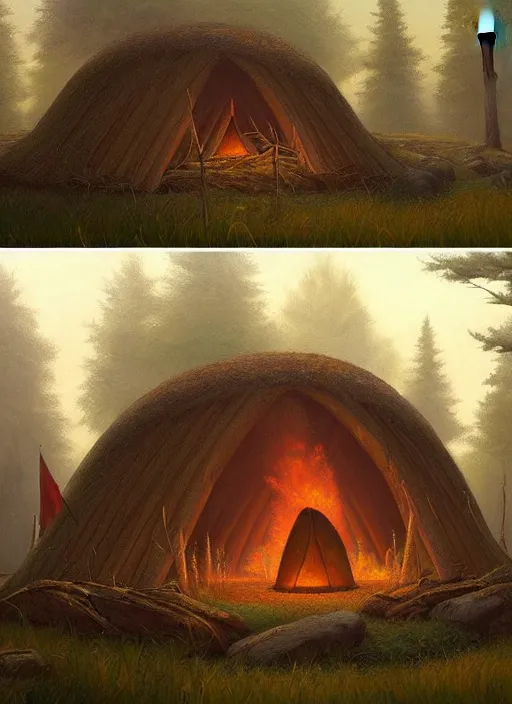 Prompt: a beautiful painting of a round indigenous sweat lodge hut in a forest near a campfire, matte painting, trending on artstation, art by christophe vacher