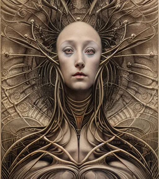 Prompt: detailed realistic beautiful young cher alien robot as queen of mandelbulb 3 d portrait by jean delville, gustave dore and marco mazzoni, art nouveau, symbolist, visionary, baroque. horizontal symmetry by zdzisław beksinski, iris van herpen, raymond swanland and alphonse mucha. highly detailed, hyper - real, beautiful