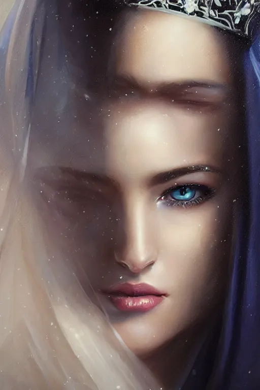 Image similar to Ameera al-Taweel, bright blue eyes, long wavy black hair, white veil, closeup, focus face, elegant, highly detailed, centered, oil painting, artstation, concept art by tom bagshaw