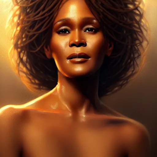 Prompt: a beautiful portrait of water goddess Whitney Houston with silk skin by Greg Rutkowski and Raymond Swanland Trending on Artstation, ultra realistic digital art