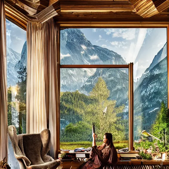 Image similar to fantastical living room with switzerland landscape in the window, beautiful dramatic lighting, overgrown with funghi, style by peter deligdisch, peterdraws